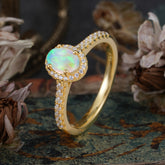 1 Carat Oval Cut Opal Halo Ring with Pave Band